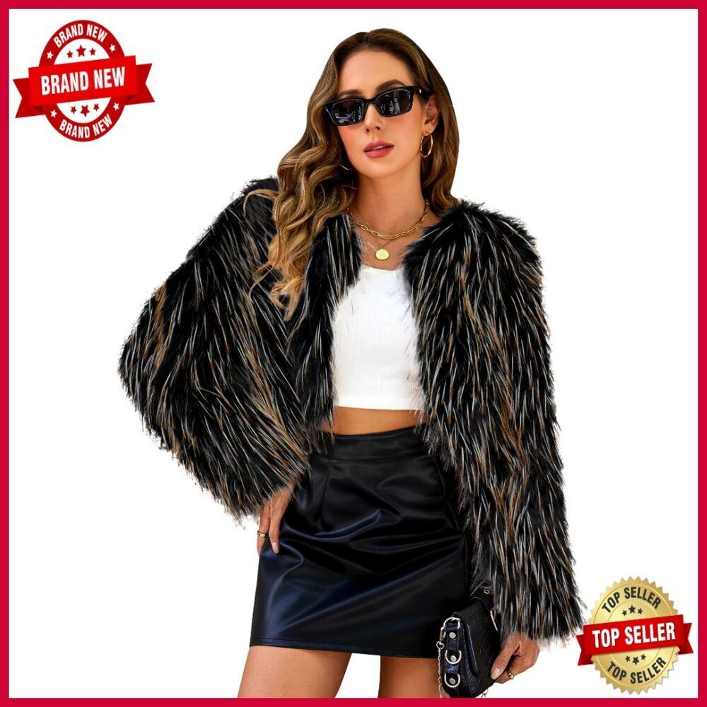 Faux Fur Cropped Jacket Long Sleeve Open Front Winter Coat Warm Outwear